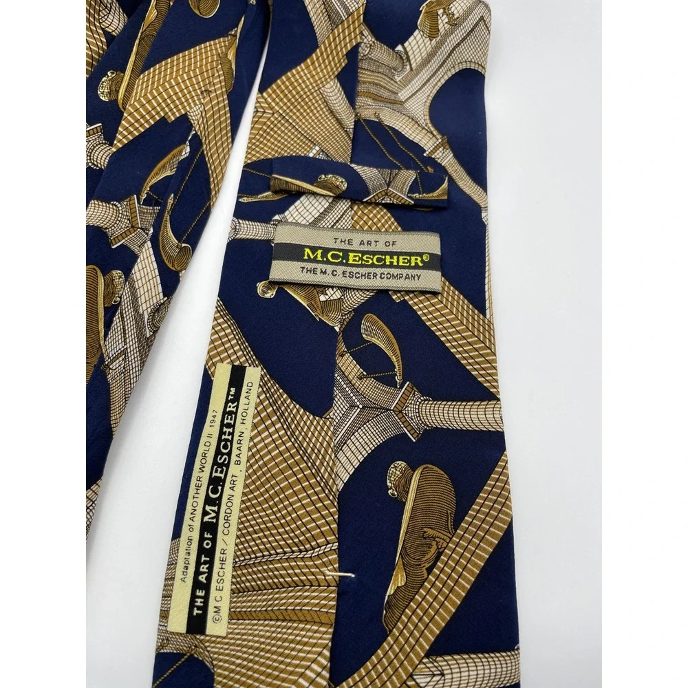 MC Escher Silk Tie Another World II Architecture Navy Tan Hand Made Necktie